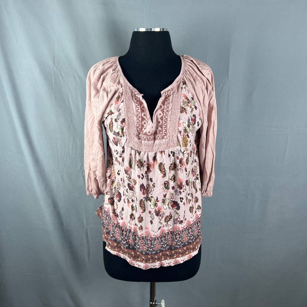 Vintage America Blouse Top Women Medium Multicolor Floral Lace Trim Split V Neck